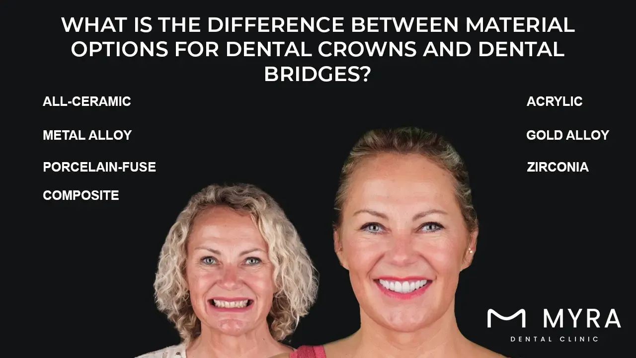 What is the difference between material options for dental crowns and dental bridges?